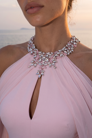 Crystal Embellished Halter Neck Draped Cold Shoulder Mermaid Long Dress