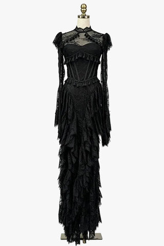 Lace Corset Long Dress with Ruffle Layers & Flared Sleeves