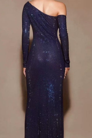 One-Shoulder Sequin Long Evening Dress – Fitted Silhouette, Long Sleeve