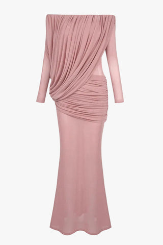Off-Shoulder Draped Mesh Long Sleeve Long Dress