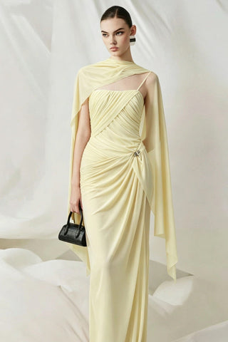 Soft Mesh Draped Strapless Long Dress with Sheer Scarf