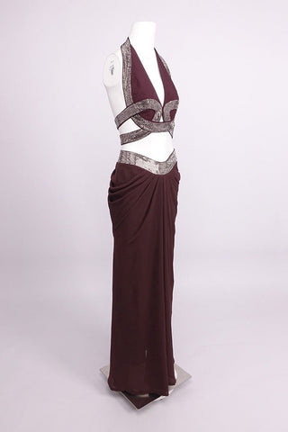 Crystal Embellished Halter Cutout Crop Top & Draped High-Waist Long Skirt Set
