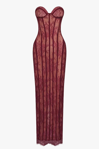 Sheer Lace Corset Strapless Long Dress with Lace-Up Back