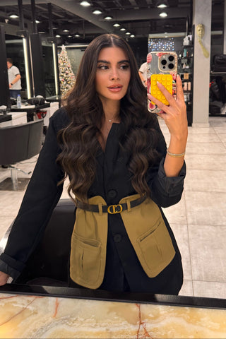 Structured Contrast Panel Blazer with Belt & Utility Pockets