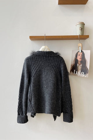 Statement Faux Fur Collar Ribbed Knit Long-Sleeve Cardigan