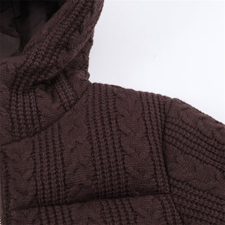 Cable Knit Puffer Jacket with Hood – Warm Padded Winter Coat, Soft Knit Fabric, Long Sleeve