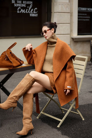 Wool Blend Oversized Shawl Collar Belted Coat