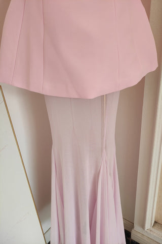 Strapless Crepe Peplum Corset Long Dress with Flowy Mesh Skirt