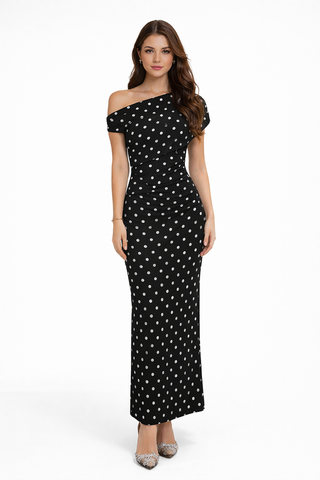 Off-Shoulder Polka Dot Knitted Long Dress – Draped Fitted Silhouette