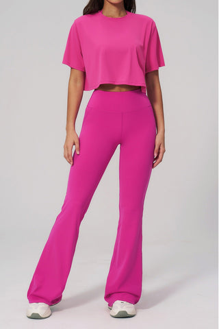 Short Sleeve Crop Top & High Waist Flared Pants Set – Snatched Fit, Made to Move