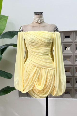Romantic Draped Off-Shoulder Mini Dress with Sheer Sleeves & Sculpted Fit
