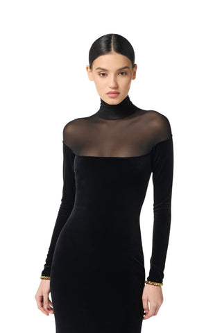 Velvet Mesh High Neck Long Dress – Long Sleeve Evening Gown