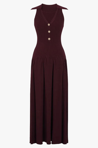 Ribbed Knit Sleeveless Collared V-Neck Long Dress with Gold Buttons & Flared Skirt