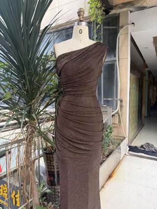 One-Shoulder Shimmer Mesh Long Evening Dress