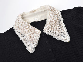 Embroidered Collar Long Sleeve Pointelle Knit Cardigan