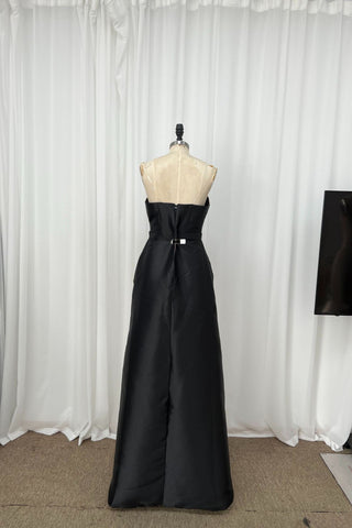 Strapless Satin Peplum Long Dress with Contrast Panel