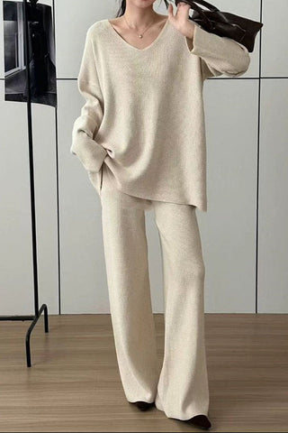Comfy Relaxed V-Neck Knit Top & Wide-Leg Pants Set