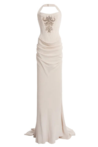 Crystal Embellished Corset Halter Neck Draped Crepe Long Dress