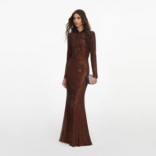 Sparkling Draped High-Neck Structured Shoulder Long Dress