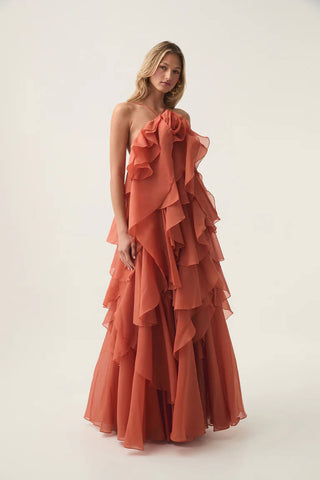 Floral Ruffle Organza Long Dress with Halter Neck