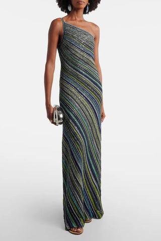 Metallic Striped One-Shoulder Knit Long Dress