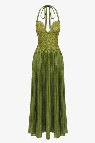Lace Corset Halter Neck Pleated Long Dress with Lace-Up Back
