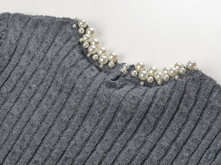 Pearl Embellished Cable Knit Short Sleeve Top.