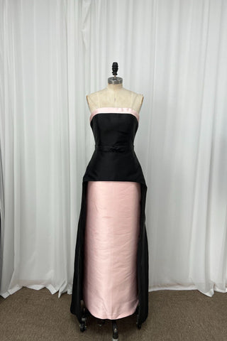 Strapless Satin Peplum Long Dress with Contrast Panel