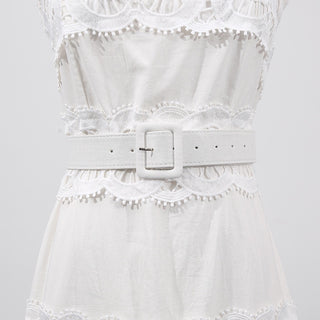 Statement Lace Cutwork Belted Tiered Long Dress