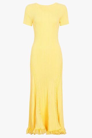 Ribbed Knit Round Neck Short Sleeve Long Dress with Lace Panels & Ruffle Hem