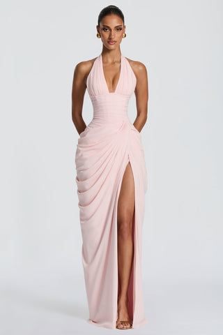 Draped Halter Corset Long Dress with High Slit