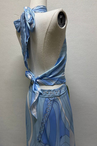 Printed Halter Crop Top & Asymmetric Long Skirt Set with Matching Scarf