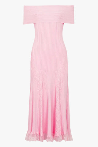 Luxe Ribbed Knit Off-Shoulder Lace Panel Long Dress
