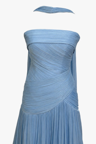 Scarf Neck Draped Pleated Chiffon Strapless Long Dress