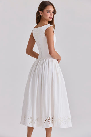 Boat Neck Midi Dress – Gathered Waist, Sleeveless Design & Cutout Details