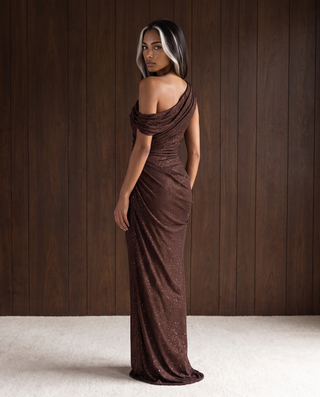 One-Shoulder Shimmer Mesh Long Evening Dress
