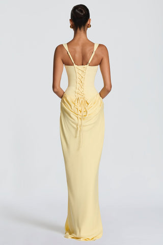Romantic Sleeveless Corset Long Dress with Draped Waist & Lace-Up Back