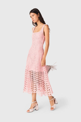 Crochet Knit Midi Dress with Crystal Embellishments & Sleeveless Square Neck Design