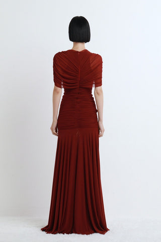 Ruched Off-Shoulder Long Dress – Draped Top & Flowing Skirt
