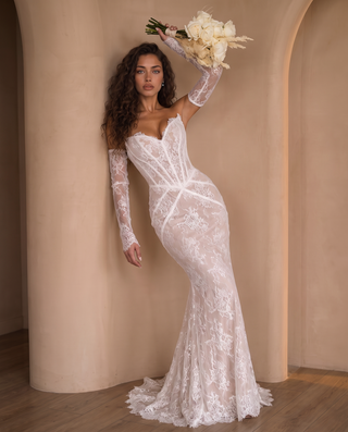 Floral Lace Corset Off-Shoulder Long Dress with Sheer Lace Sleeves