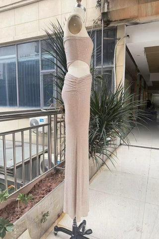 Textured Knit Strapless Cut-Out Long Dress with Draped Detail