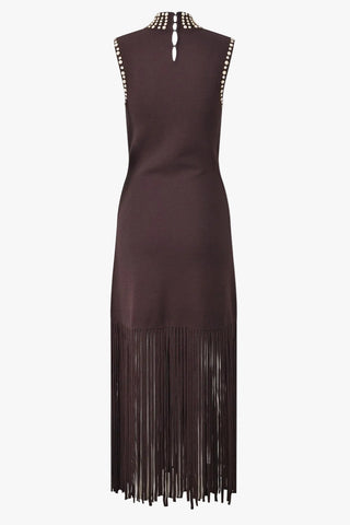 Fringe Knit Midi Dress with Embellished High Neck Detail