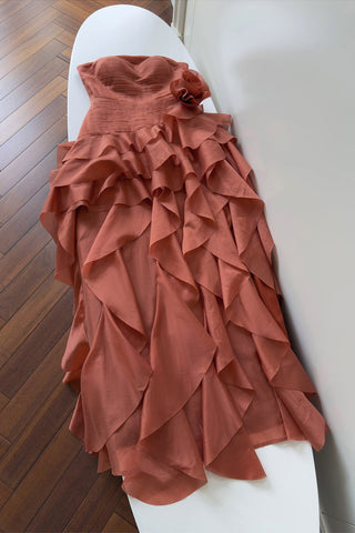 Statement Pleated Strapless Corset Long Dress with Dramatic Ruffles & Floral Detail