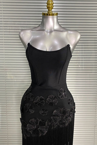 Strapless Floral Appliqué Fringe Long Dress with Bodycon Silhouette