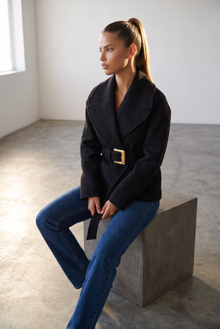 Wool-Blend Belted Short Coat with Oversized Lapel Collar