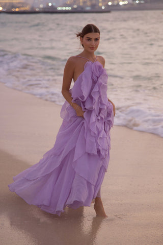 Floral Ruffle Organza Long Dress with Halter Neck