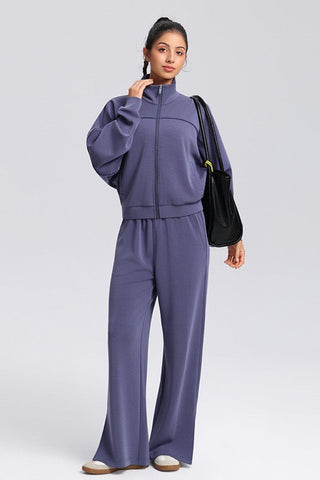 Relaxed Fit Zip-Up Jacket and Wide Leg Pants Set