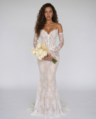 Floral Lace Corset Off-Shoulder Long Dress with Sheer Lace Sleeves