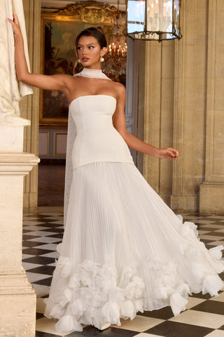 Strapless Lace-Up Corset Long Dress with Pleated Skirt and 3D Floral Trim
