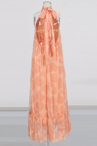 Sleeveless Halter Neck Open-Back Printed Chiffon Long Dress with Ruffle Hem
